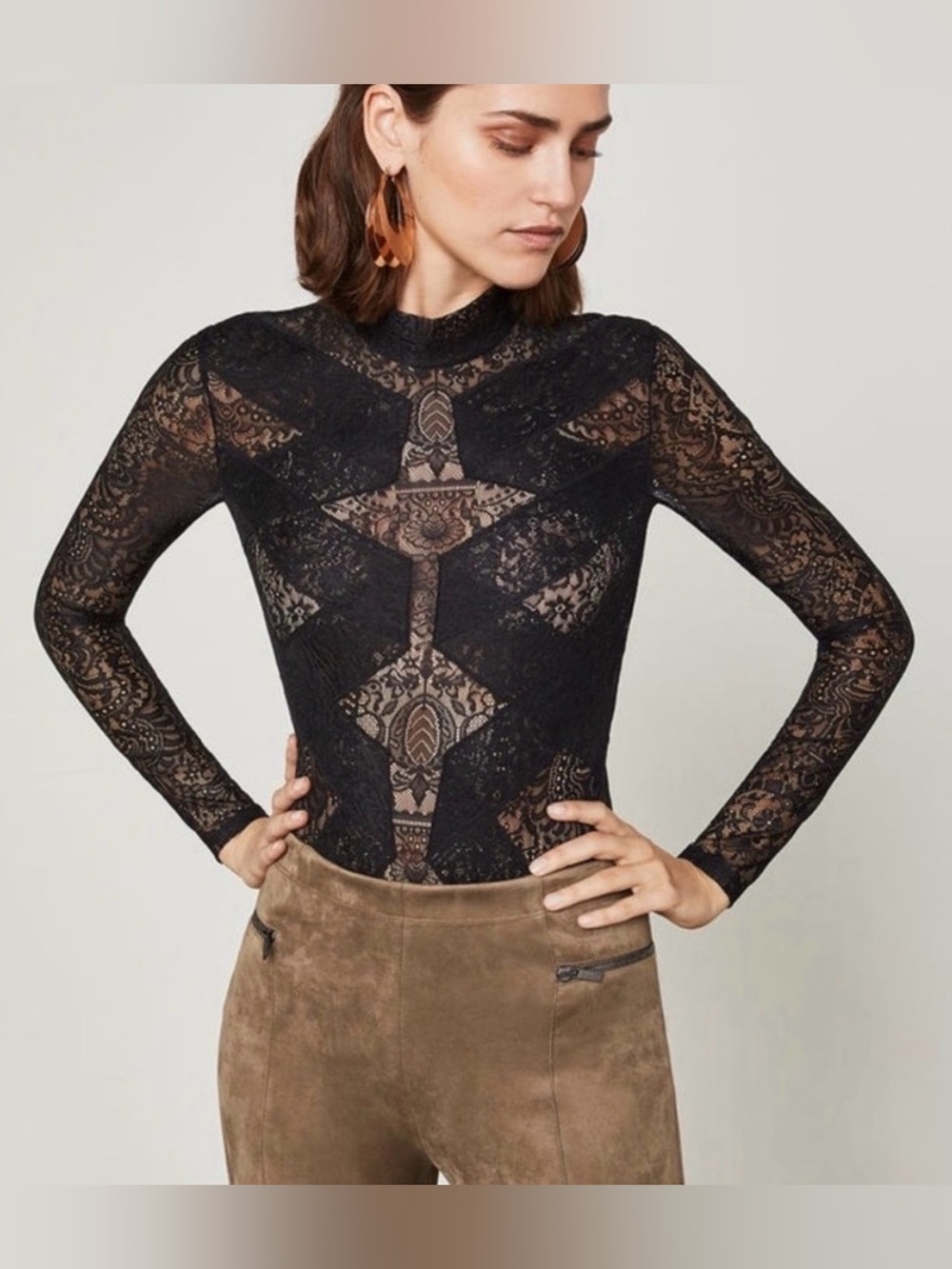 BCBG Black Lace Long-Sleeve Mock Neck BODYSUIT